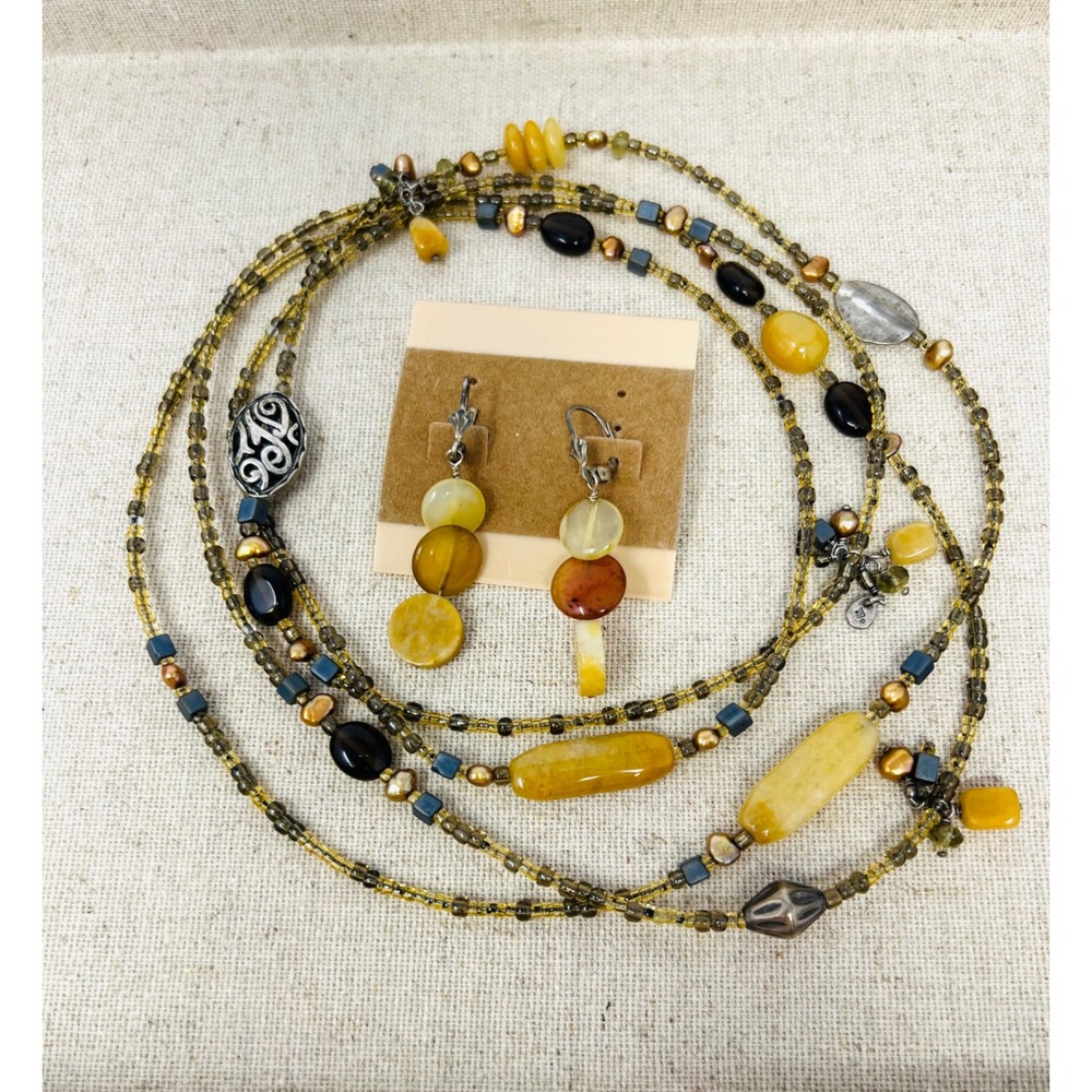 Silpada Beaded Multi Strand Yellow Amber Tones Pearl Necklace & Earring Set